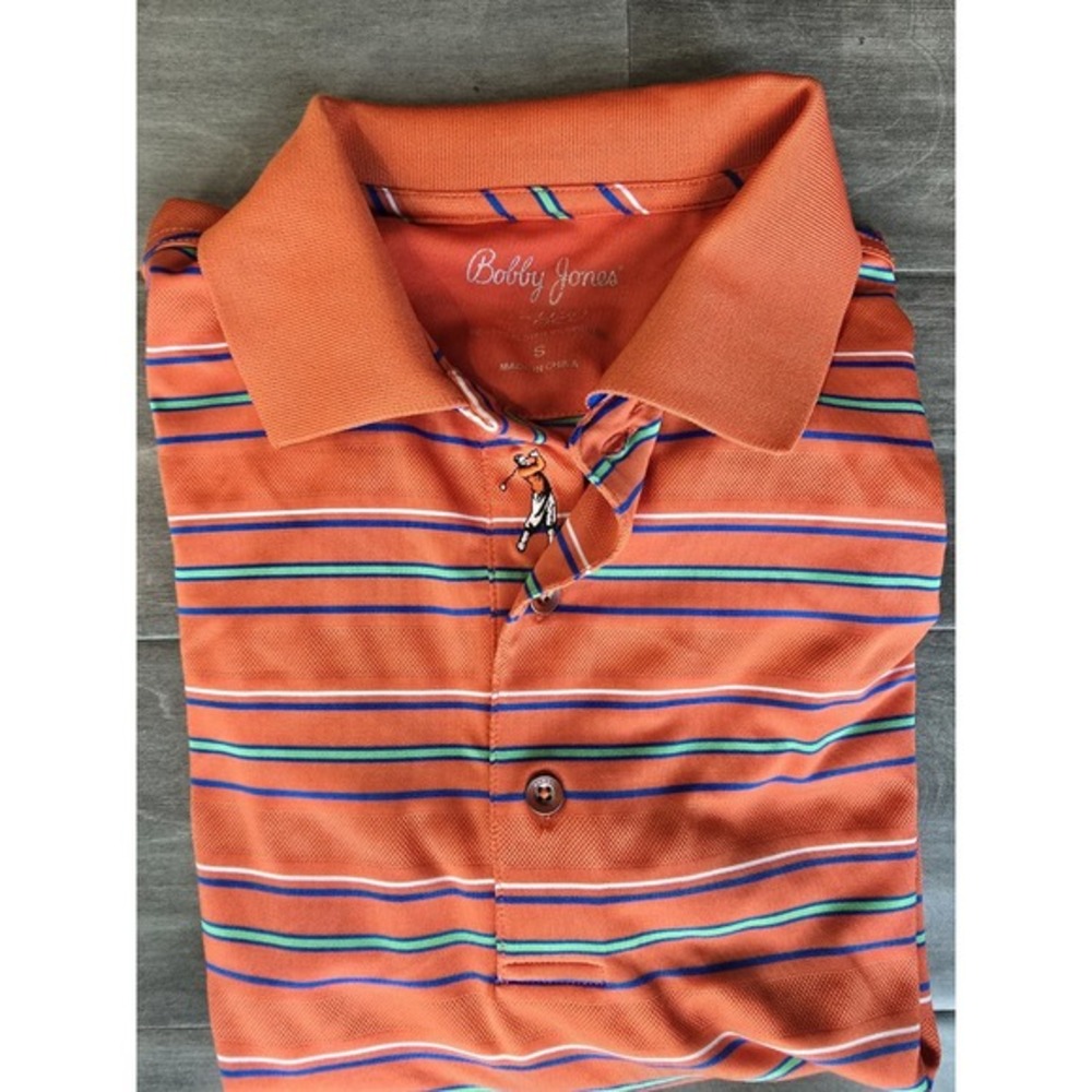 Bobby Jones X-H2O SZ Sm Mens Performance Shirt Polo -Golf  Orange & Blue Striped
